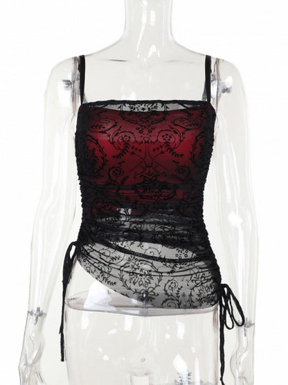 Underlay Top Black with Embroidered Cami Gothic Halloween Lace Red