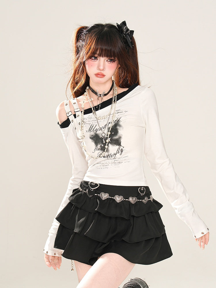 Grafisches Top Enigmatic Night Butterfly Schwarz/Weiß Asymmetrischer Ausschnitt Schnallenträger Glamourös