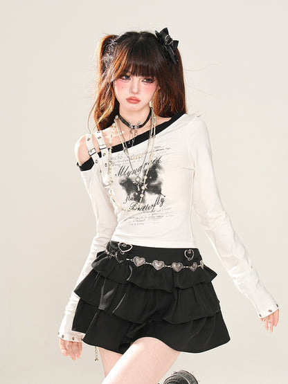 Grafisches Top Enigmatic Night Butterfly Schwarz/Weiß Asymmetrischer Ausschnitt Schnallenträger Glamourös