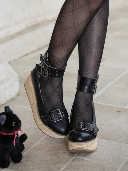 Janes in with Black Decor Buckles Closure Platform Ankle - Mary Layered PU