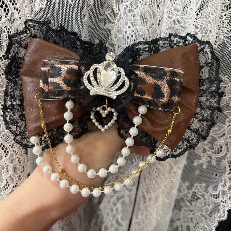 Strass Haarspange Perlen Spitze Muster Trim Bowknot Schwarzbraun Krone Verziert Charme Leopard