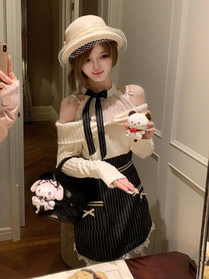 Clean Kei Dress in Halter White Innocent Jirai Stripes Black