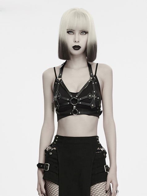 Cross Accents Black Leather Punk Halter Harness - Punk Rave
