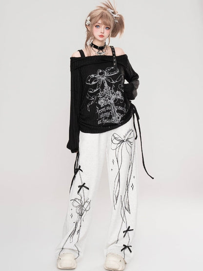 Schwarz/Hellgraue Jogginghose mit Schleife und geradem Bein