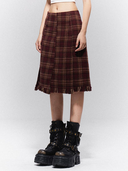 Raw Plaid Hem with Vintage Prep Brown-Red Skirt