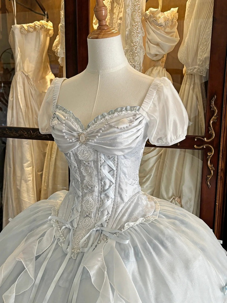 Blue Sweetheart Neckline Boning Corset Ribbon Bow OP Dress - Iris fleur