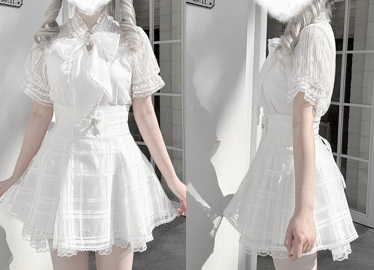 Back with Organza Plaid White Detail Kei Jirai Lace-up Skirt