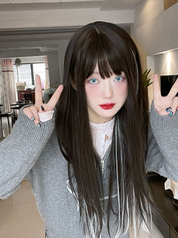 70CM Black Bangs Wig with Silver Highlight Straight