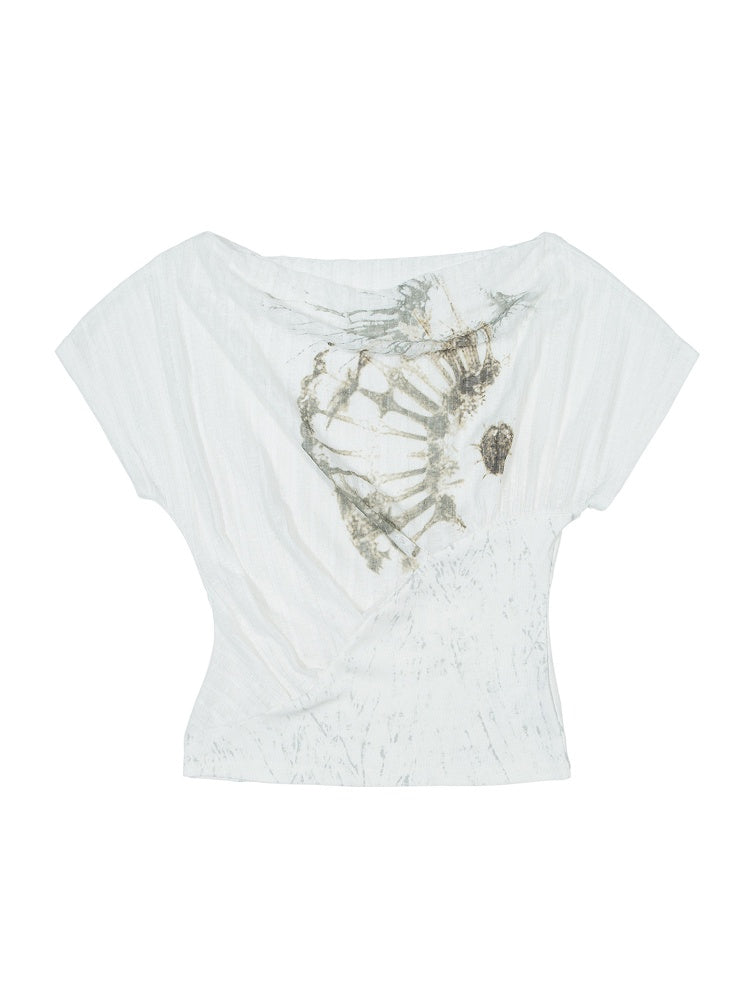 Off-Shoulder Top Punk White Semi-Sheer with Prints