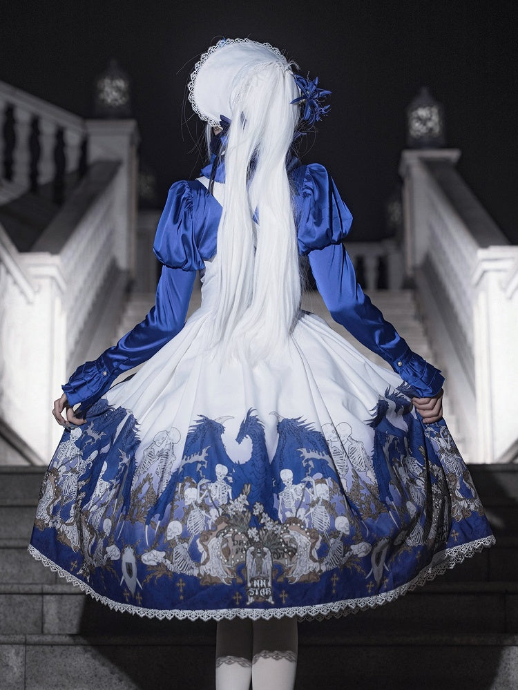 Cross and Blue Gothic Lace Trim with Skeleton Print Lolita Under Bust Dress White