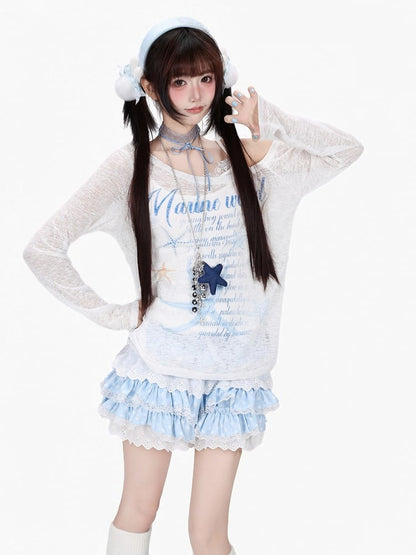 Sweet White Asymmetric Shoulder Lightweight Long Sleeve Top with Starfish & Letter Print - CRAZY GIRL