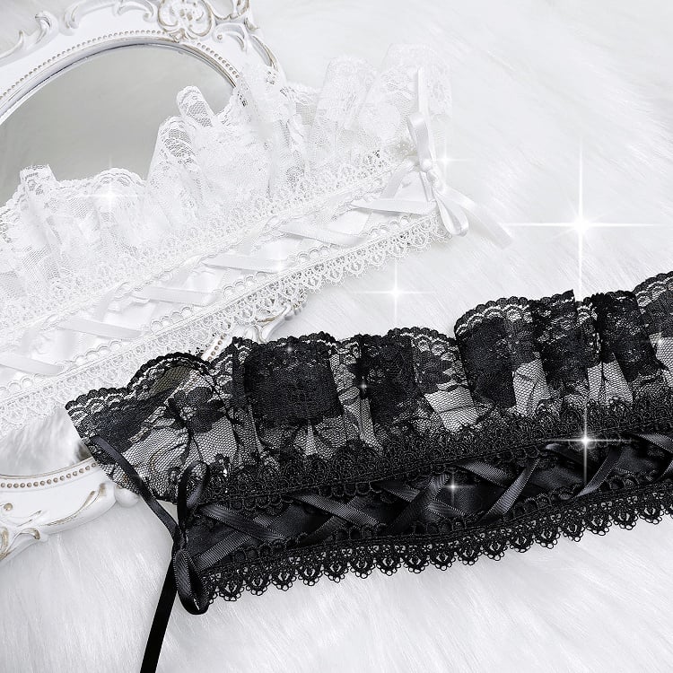 Black and White Jirai Kei Criss-cross Ribbon Bow Lace Trim Hairband