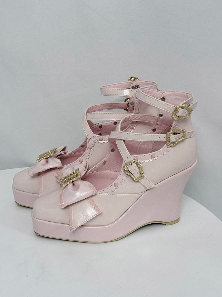 Pink Gothic Lolita Polished Shoes with Butterfly Bow & 10cm Slope Heel - sphenoid