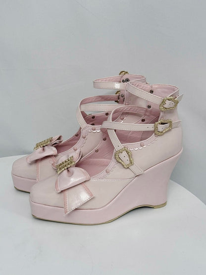 Pink Gothic Lolita Polished Shoes with Butterfly Bow & 10cm Slope Heel - sphenoid