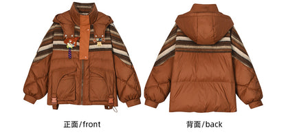 Braune Daunenjacke mit Kapuze im Patchwork-Design