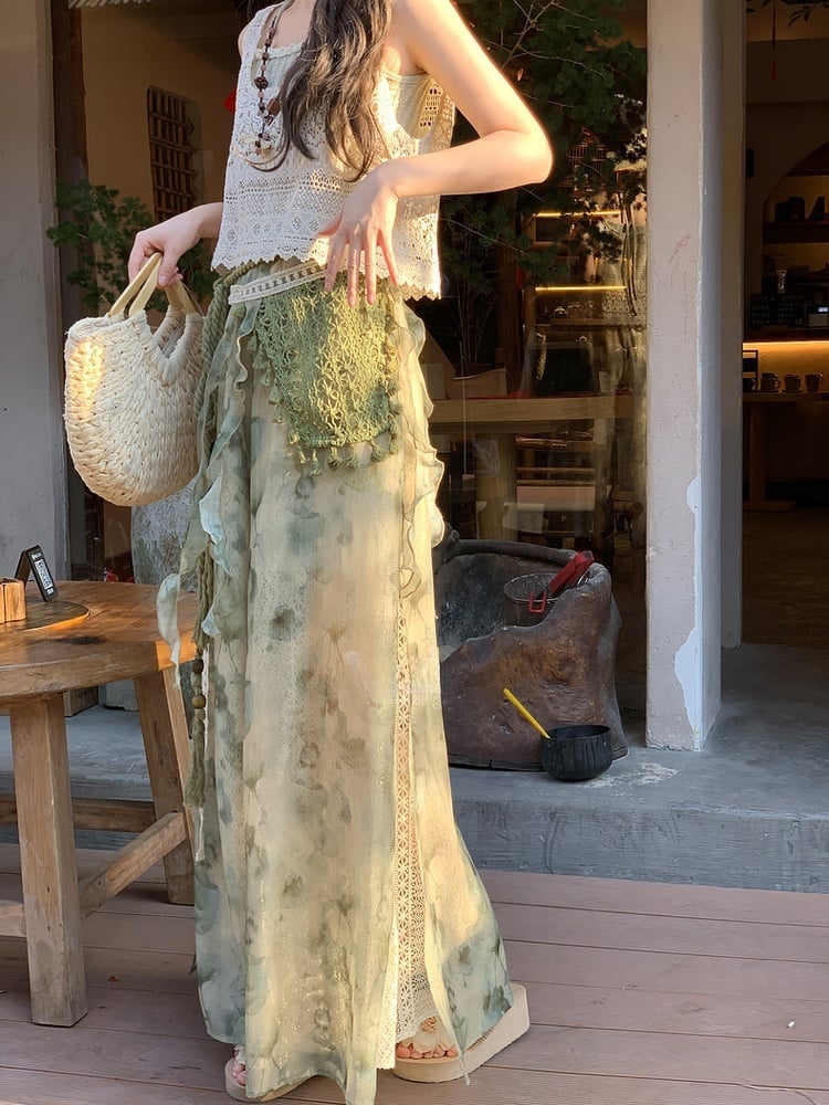 Dye Wide-Leg Pants Mori Kei Green Tie Accessory Regular/Short Detachable Version with Knitted