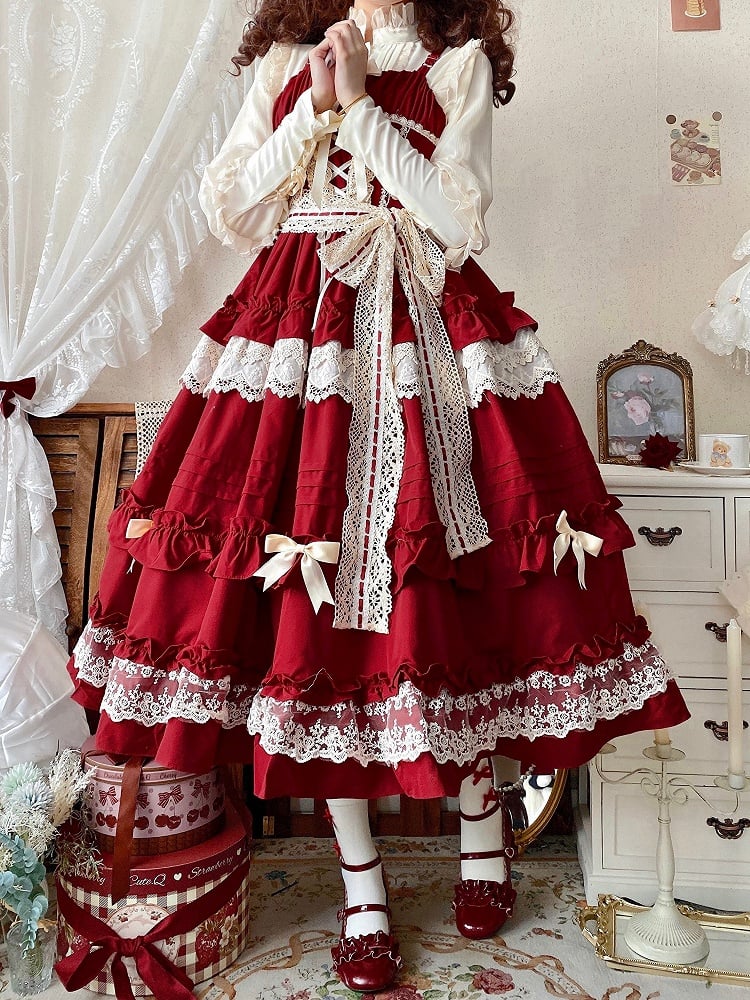 Rüschen Rosa Pullover Rock Haus Lolita Rote Träger Kleid Stil Einstellbar