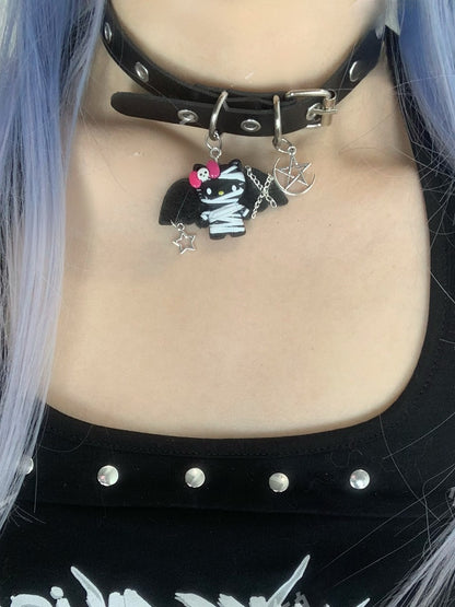 Black Devil Kitty and Pentagram Pendant Buckle Choker