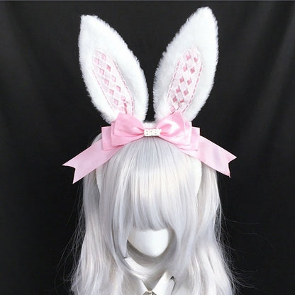 Bow Decorated Alice Diamond KC White Pattern Ear Bunny Lolita Faux Pink/Red/Black/Black with Vibes