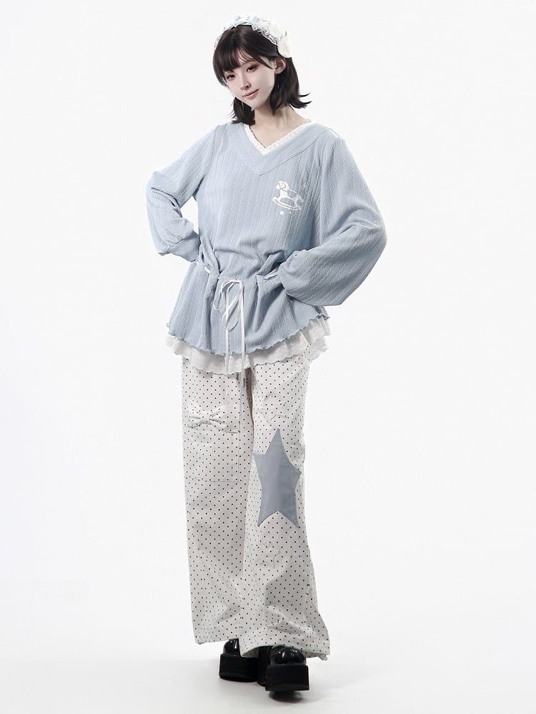 Light Blue Knit V-Neck Top with Drawstring Waist, Lace Trim & Rocking Horse Motif - PINK SAVIOR