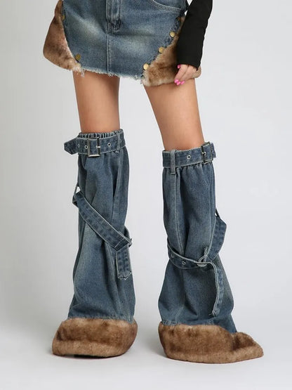 レッグフレアデニムバックルウォーマーストラップ ブルー