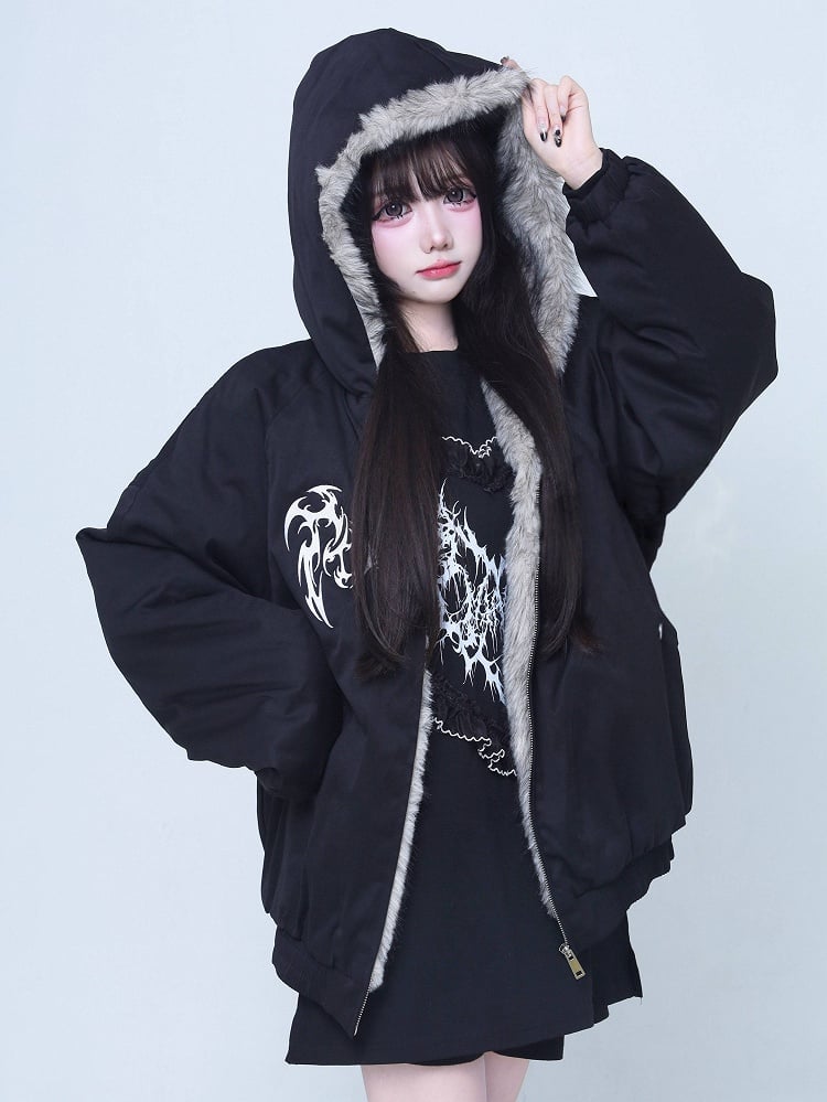 Black Kei Embroidered Hooded Jacket Fur-Collar Jirai