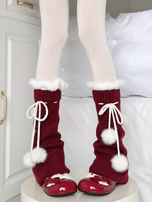 Trim Warmers Leg Pom-pom Decorations Red and Drawstring Wine Knitted Fleece White with