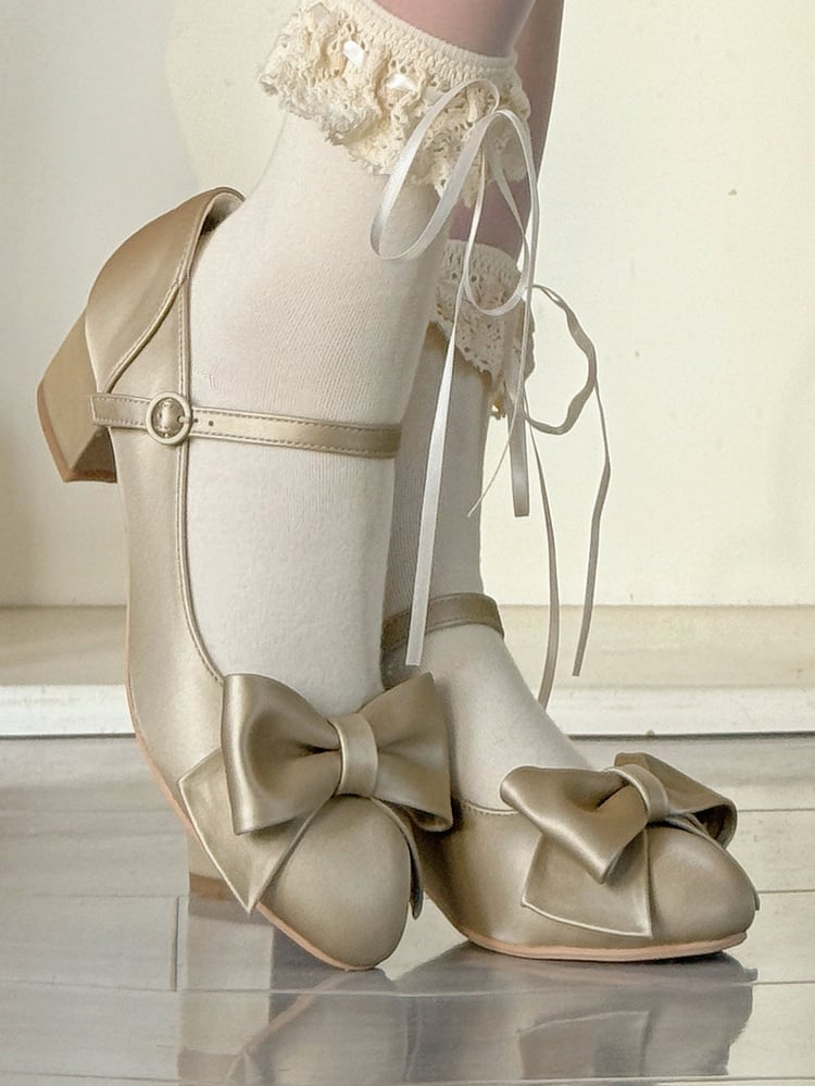 Golden Elegant Lolita Mary Janes - PU Leather with Bow at Top & Circular Snap Fastening