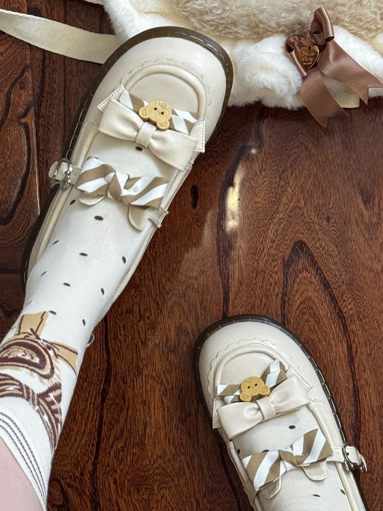 Pattern PU Details Off-white 2cm - Striped Shoes Bow Lolita Bear