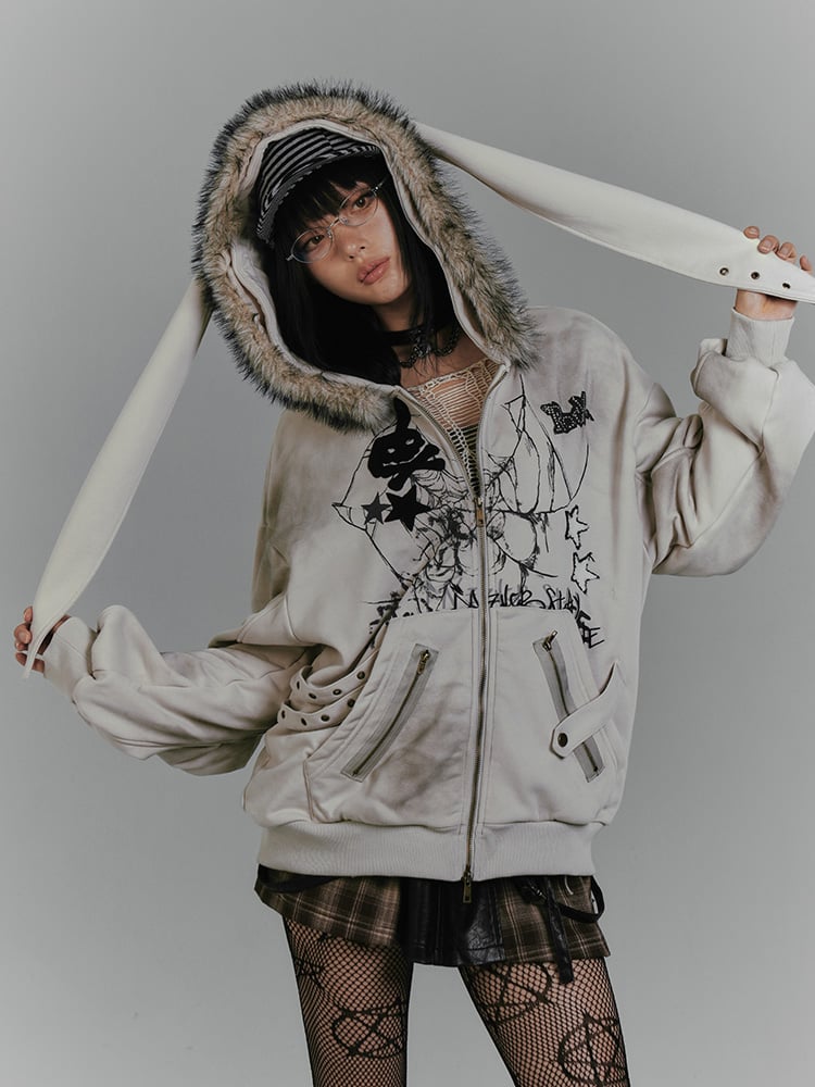 Spinnennetz und Skelett Grau Punk Rock Hasenohren Winter Zip Hoodie