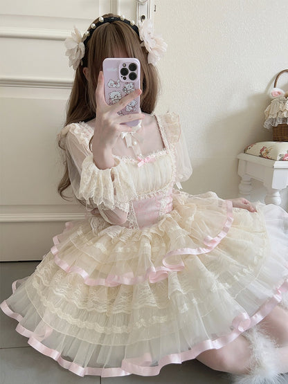Waist Balletcore Print Bows Jumper Pink Skirt Basque Lolita