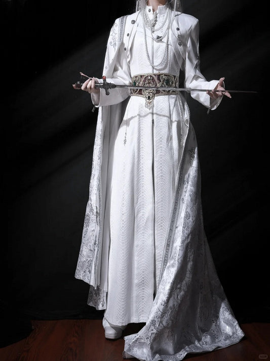 Snakeskin-grain Design Long Unisex Two-Piece Coat False - White Goth