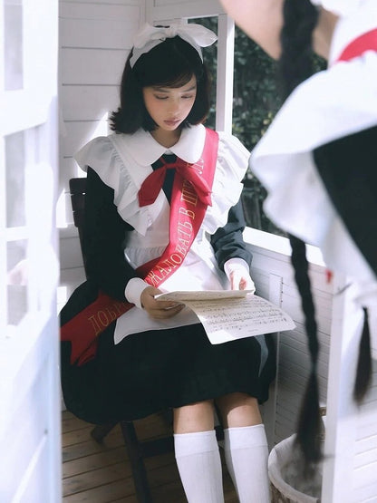 Red Black Bow Full Pleated Embroidered Maid Tie Ribbon with Sleeves Set + Lolita Apron Long Dress