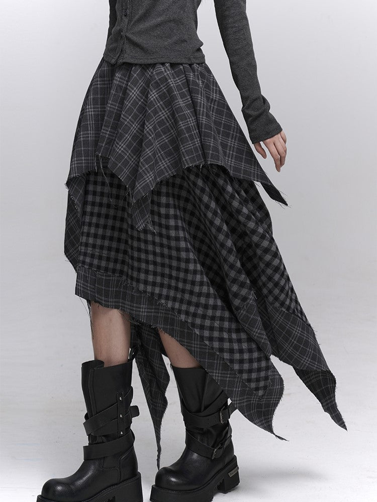 Hem Handkerchief Black Patchwork Skirt Waist with Elastic Plaid Gray Tiered