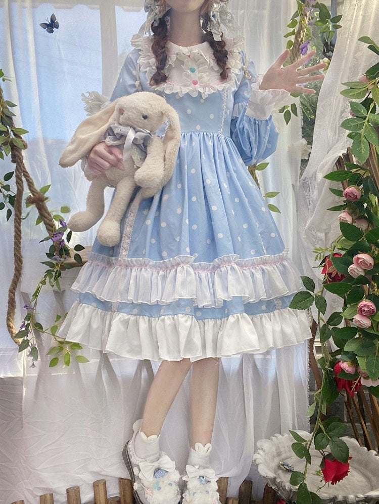 Lolita Long Sleeve Ruffle OP Blue Fresh Dot Dress Details with Polka