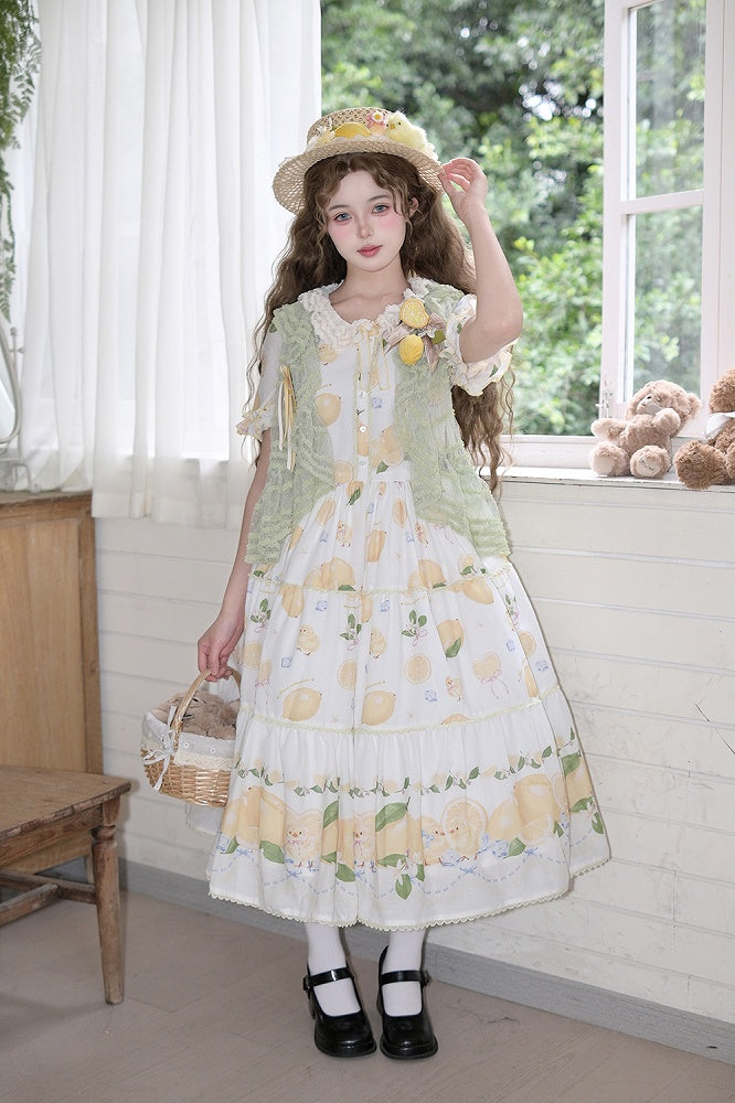 Chick Sleeves for Short Summer White Lolita Dress Print and Lemon Spring