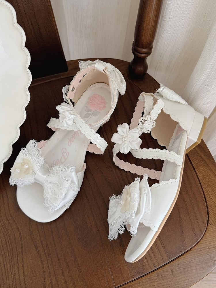 Sweet Lolita Summer White Low Heel Sandals with Flower Bow - Sheep Puff