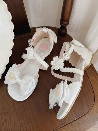 Sweet Lolita Summer White Low Heel Sandals with Flower Bow - Sheep Puff