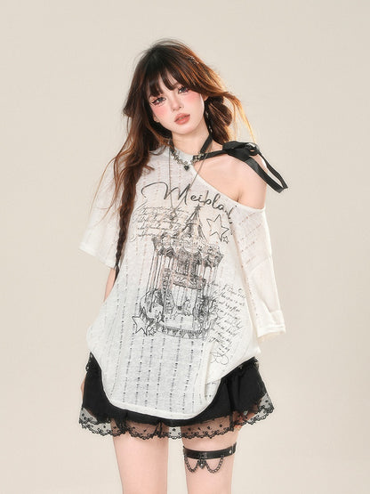 mit bedrucktem T-Shirt, halbtransparent, asymmetrischer Ausschnitt, sonnenweiß, selbstbindender Schutzgurt