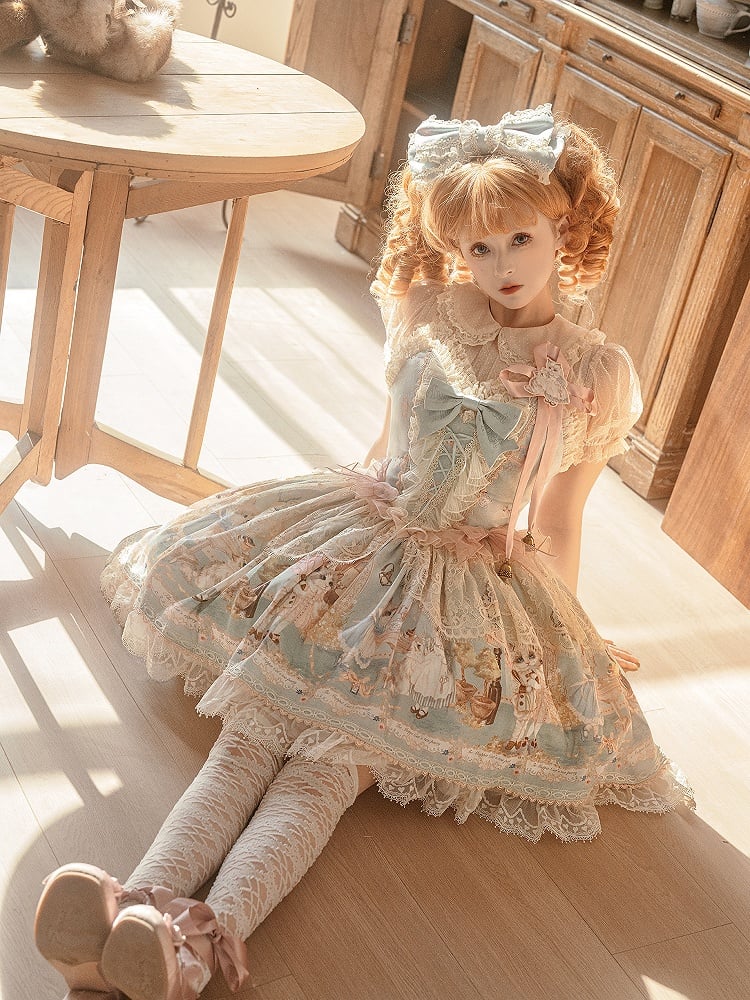 ティーパーティーコルセットプリントボディスジャンパーキティドレススイートスカートグリーンミントロリータ