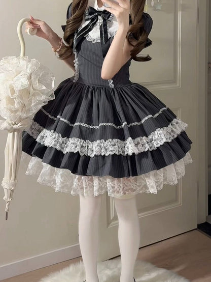 Gray Striped Lace OP Dress with Apron - Delusions Studio