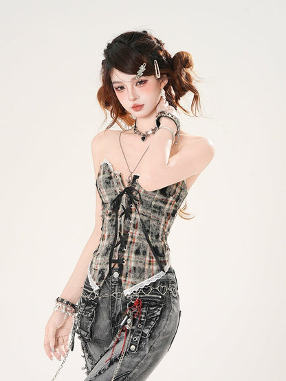 Leopard and Strapless Top Pattern Plaid Brown/Blue Lace-up Front Lace Trim