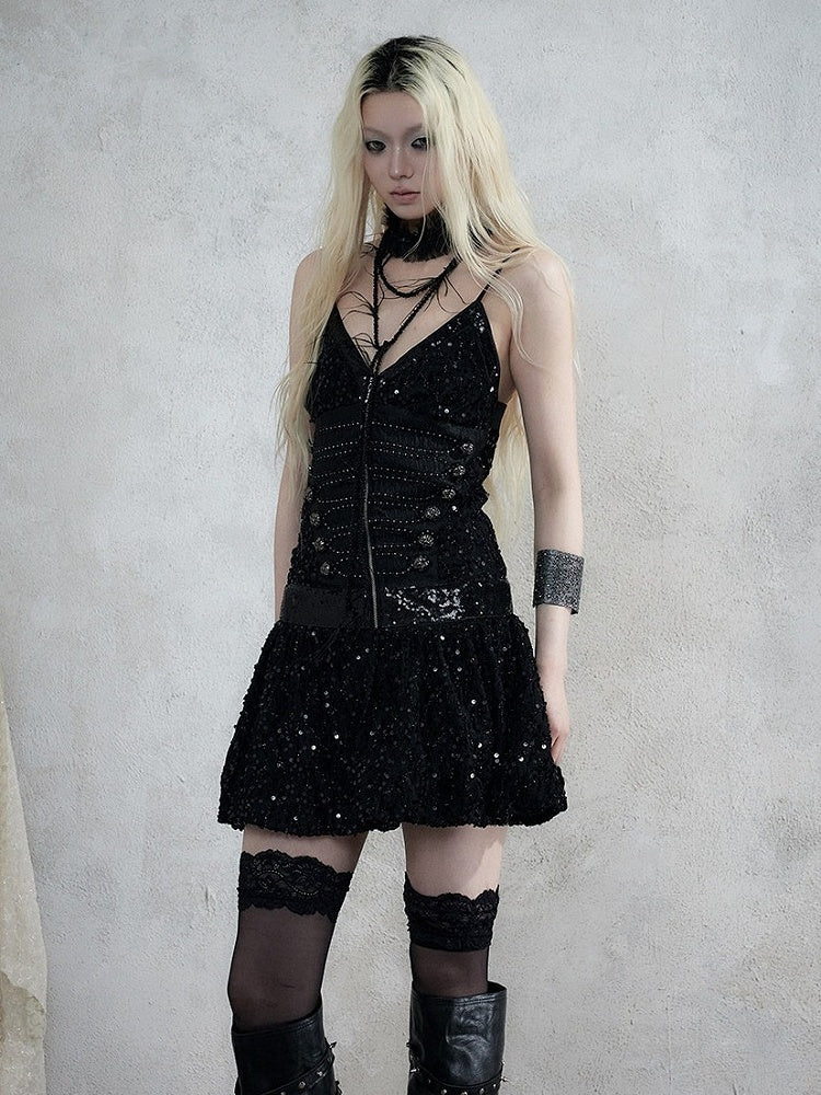 Black Double-Breasted Cami Dress with Sequin Details - NO ROMANCE