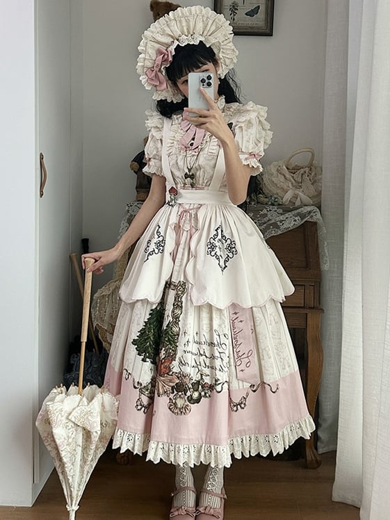 Lolita Jakobsmuschel rosa cremefarbene Schürze mit weiß gesticktem süßen