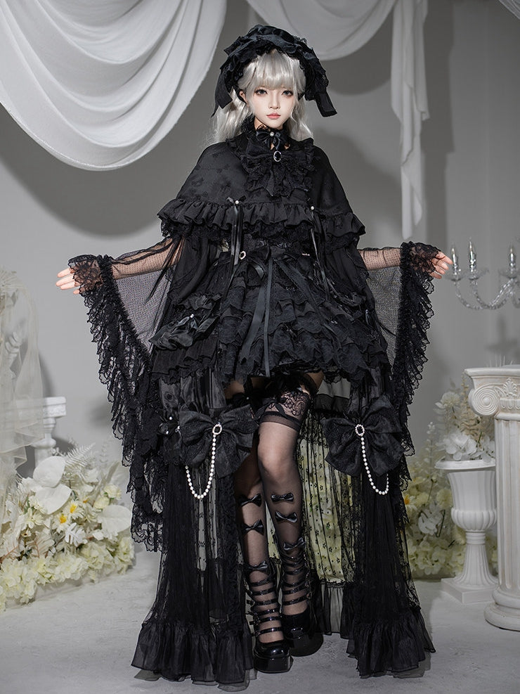 Black Bow Fabric Lolita Ruffled Cape - signorina