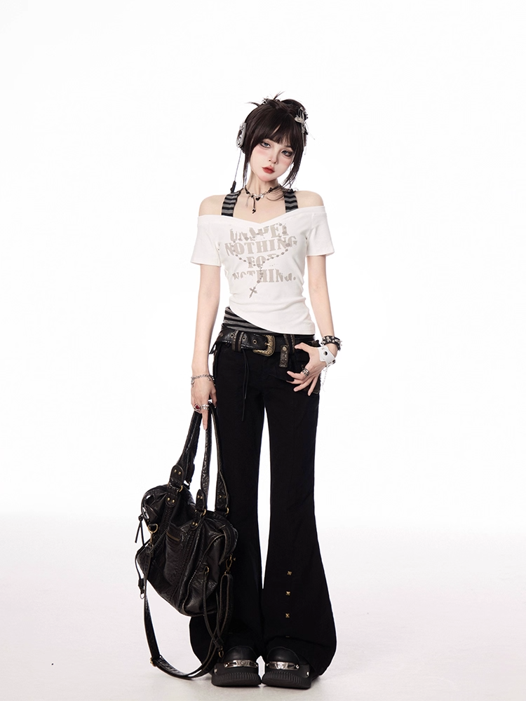 Buckle Waist Studded Cuffs Flared Pants with Black Low Belt