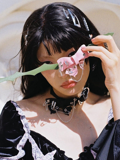 Pin Pink Studded Safety Green Punk Butterfly Adjustable with Details Choker Strap PU