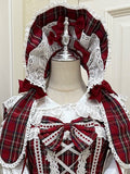 Lolita-Haube und Hasenohren-Schleife, kariert, rot/grün, mit Details