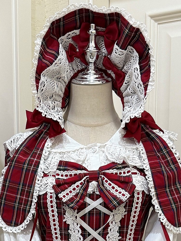 Lolita-Haube und Hasenohren-Schleife, kariert, rot/grün, mit Details