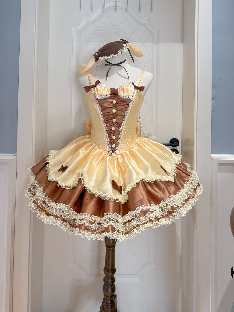 Fluffy Lolita Dress with Yellow Bow Waist Brown Sweet Basque Accents
